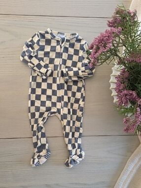Lou Lou Checkerboard Navy & Cream Footed One-Piece for Kids | 0-3M